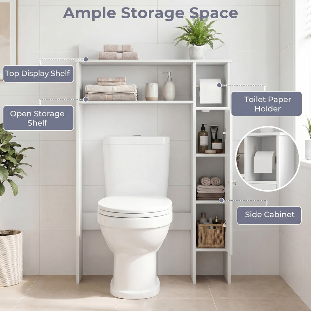 Wood over the toilet bathroom space saver in white with shelves, toilet paper holder, and side cabinet for efficient.