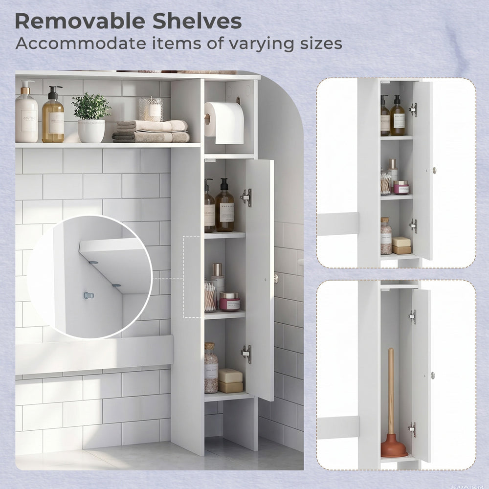 Wood over the toilet bathroom space saver in white with removable shelves and toilet paper holder for efficient storage.