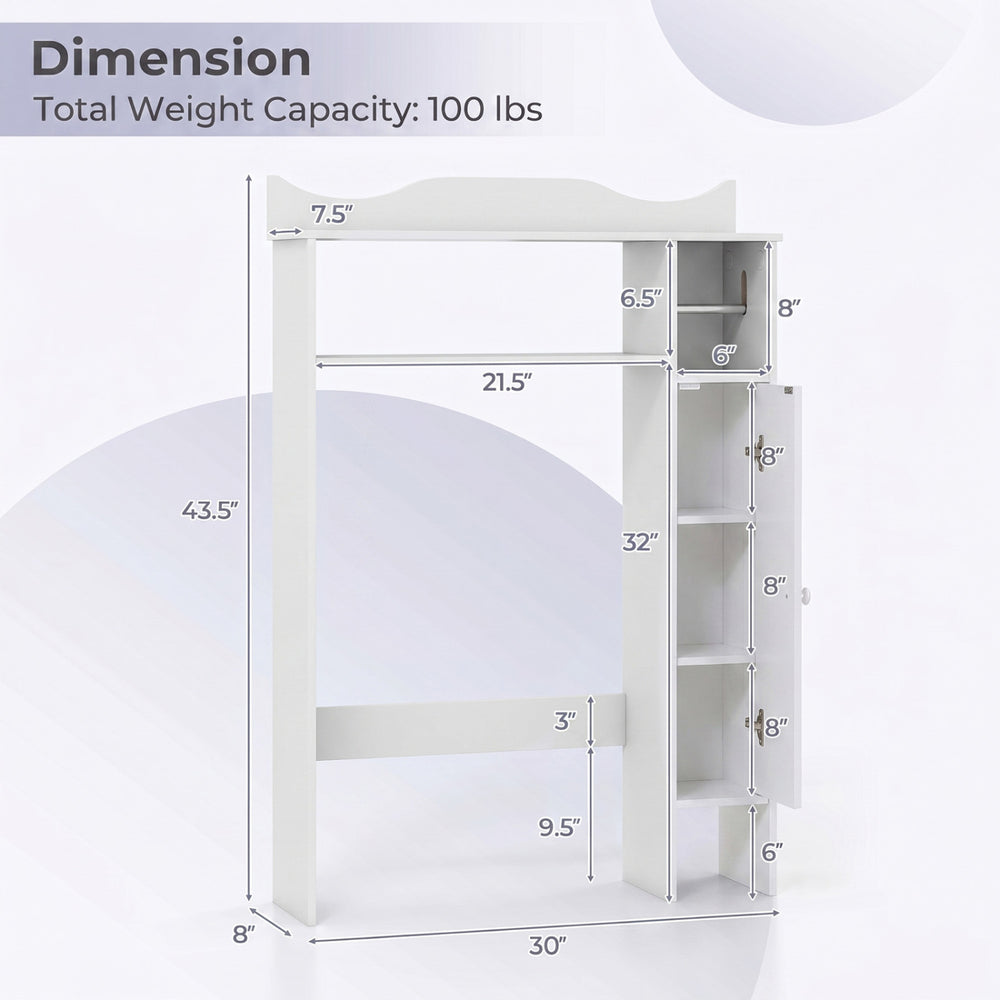 Wood over the toilet bathroom space saver in white, featuring shelves, a toilet paper holder, and dimensions for easy.