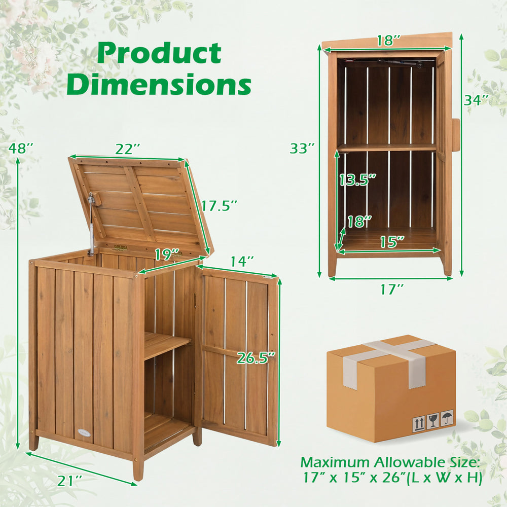 Wood package delivery box with openable lid, removable shelf, and acacia wood frame for garden storage and organization.