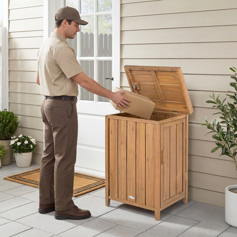 Wood package delivery box with openable lid, made of acacia wood, ideal for garden storage and outdoor use.