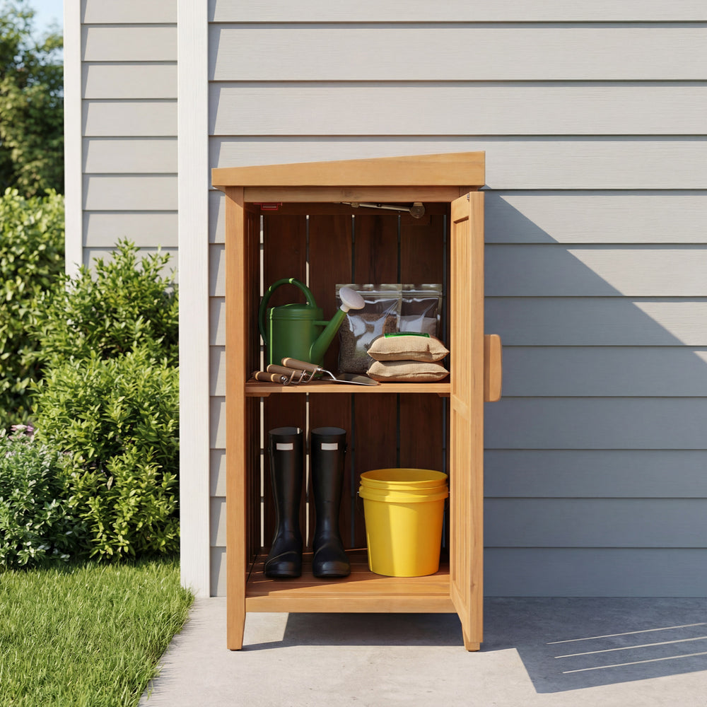 Wood package delivery box with openable lid, removable shelf, and acacia wood frame for outdoor garden storage.