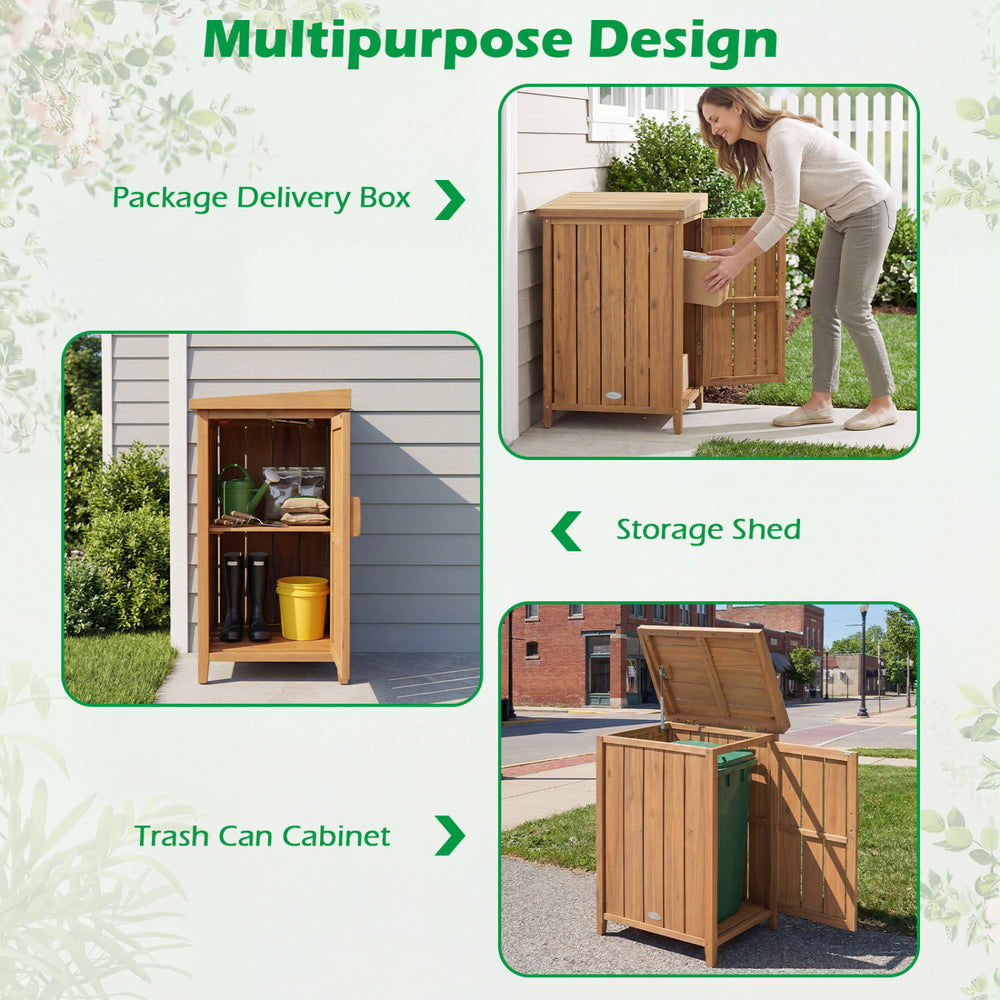 Wood package delivery box with openable lid and removable shelf, made of acacia wood, ideal for garden storage.