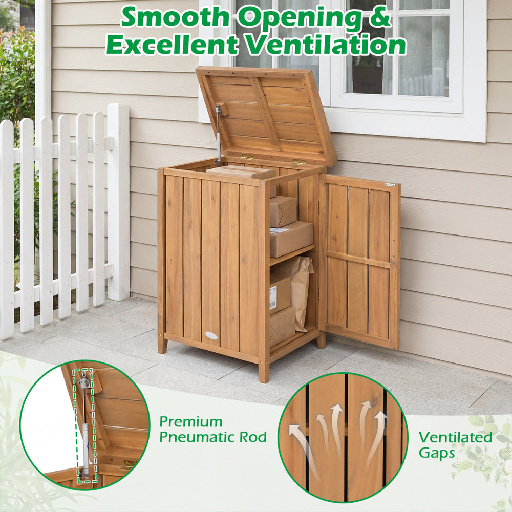 Wood package delivery box with openable lid, removable shelf, and ventilated gaps for outdoor storage in the garden.
