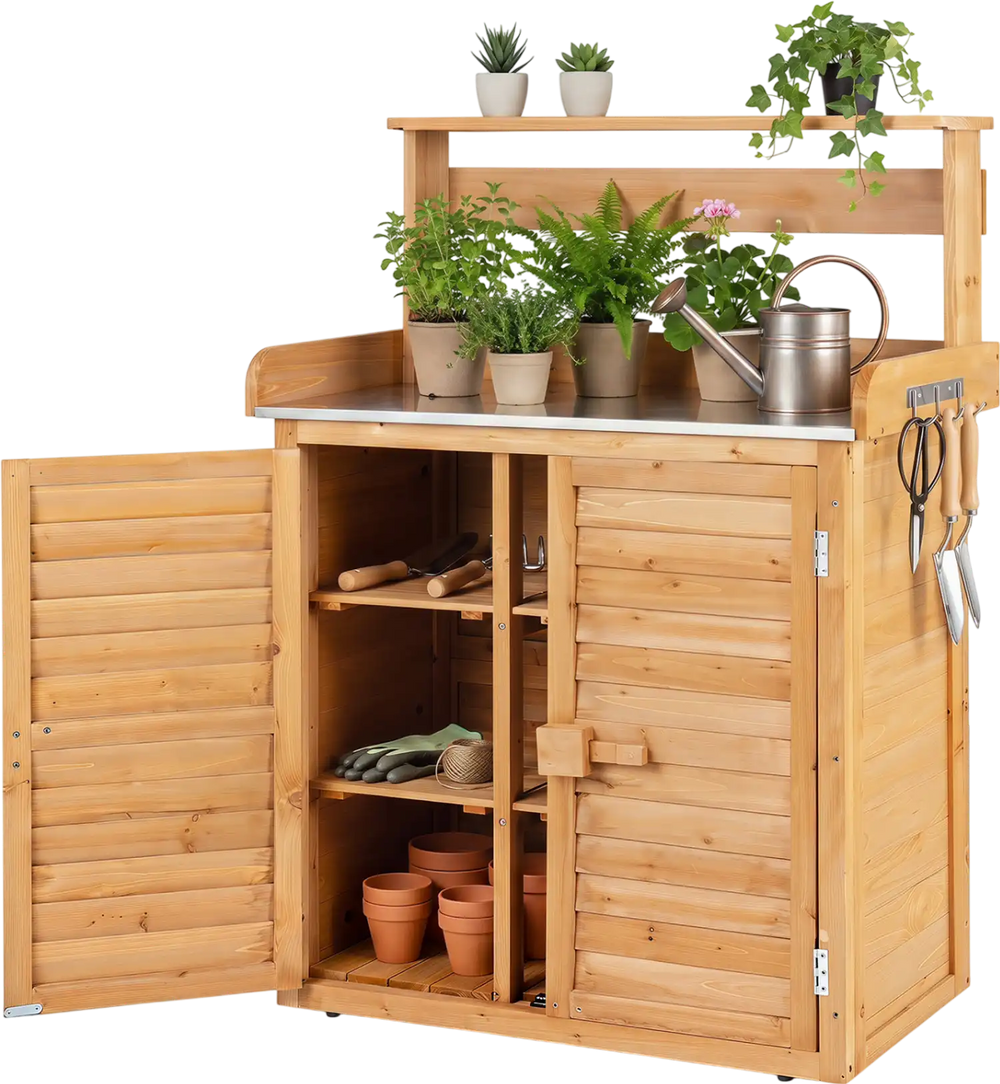 Wood plant workstation with stainless steel tabletop, double door cabinet, and removable shelves for gardening organization.