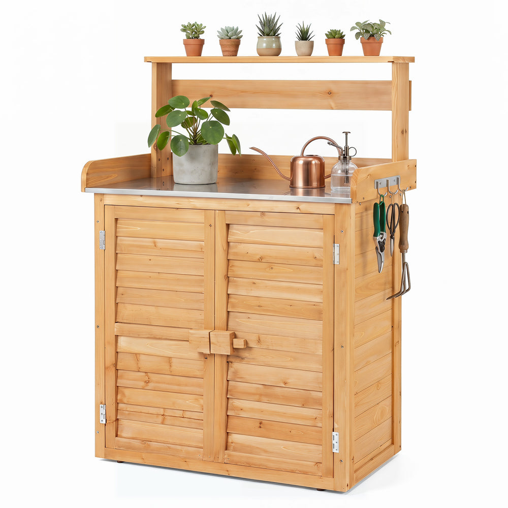 Wood plant workstation featuring a waterproof stainless steel tabletop, double door cabinet, and removable shelves for organization.