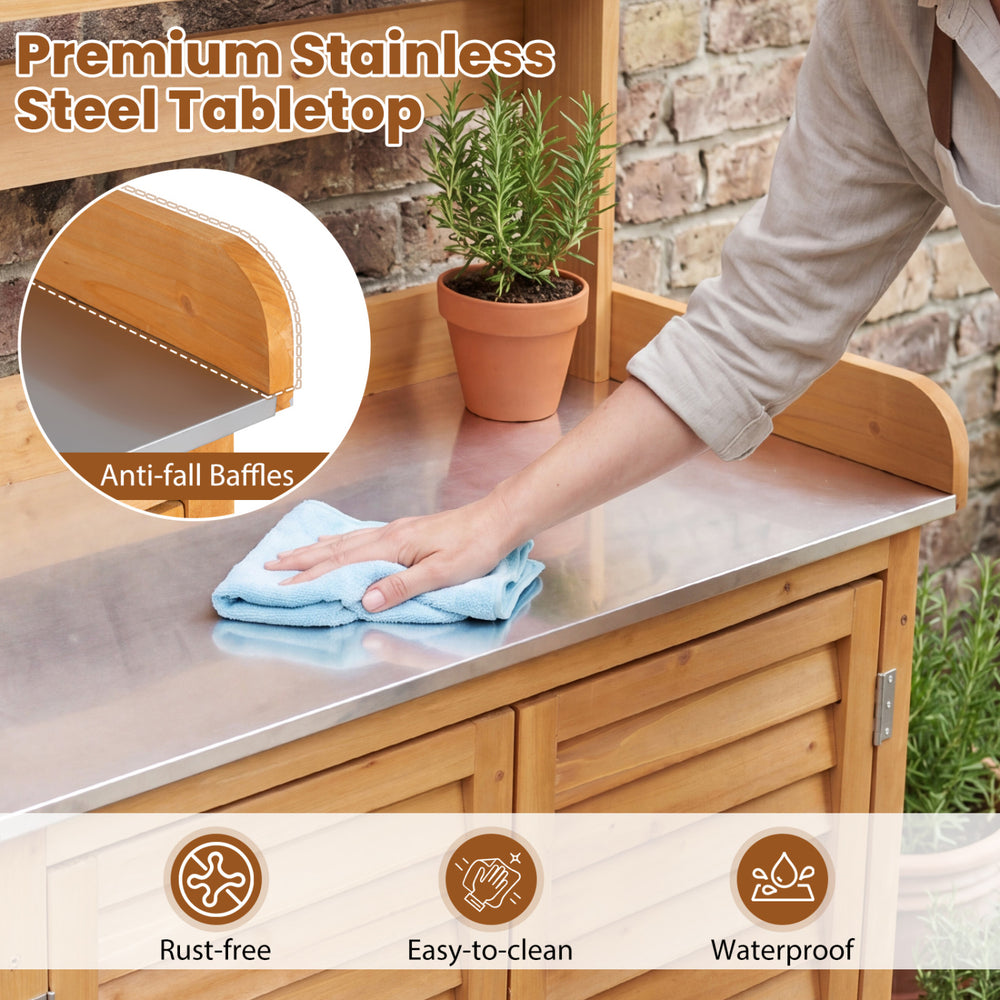 Wood plant workstation featuring a waterproof stainless steel tabletop with anti-fall baffles for convenient plant care.