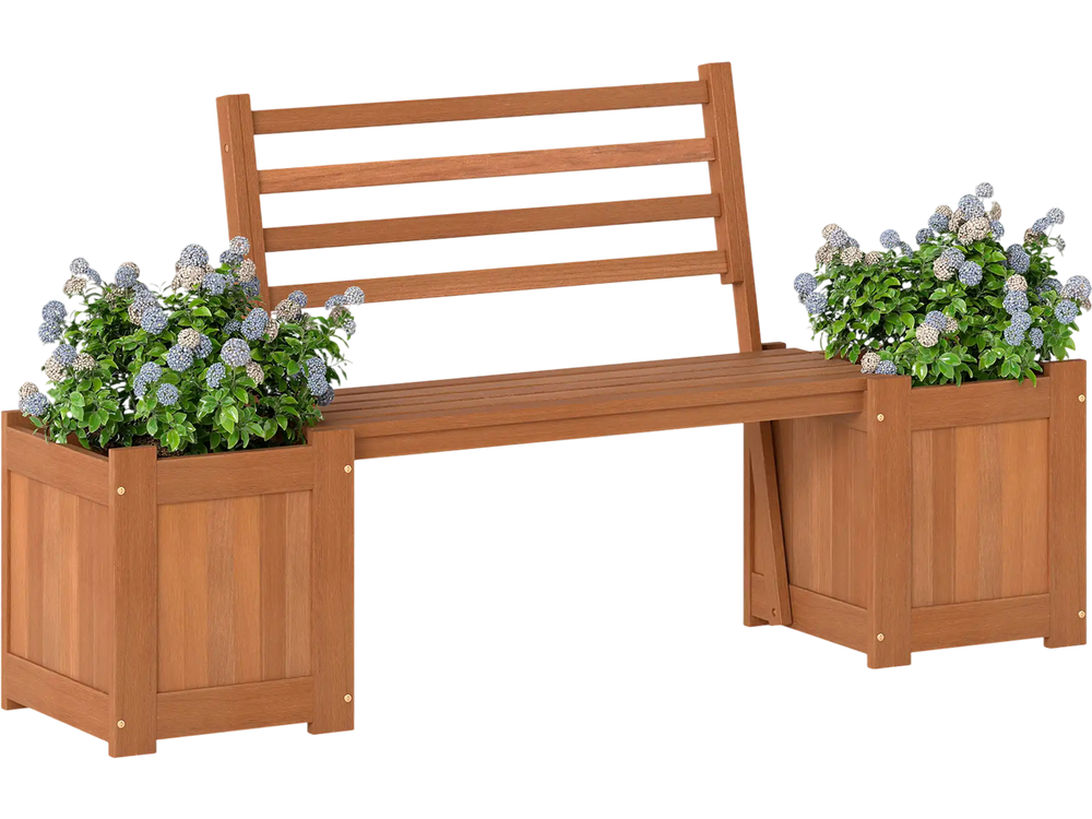 Wood planter box with bench and backrest, featuring a teak oil finish, perfect for garden or balcony relaxation.