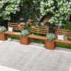 Wood planter box with bench and backrest, featuring a rustic design, perfect for garden or balcony use.