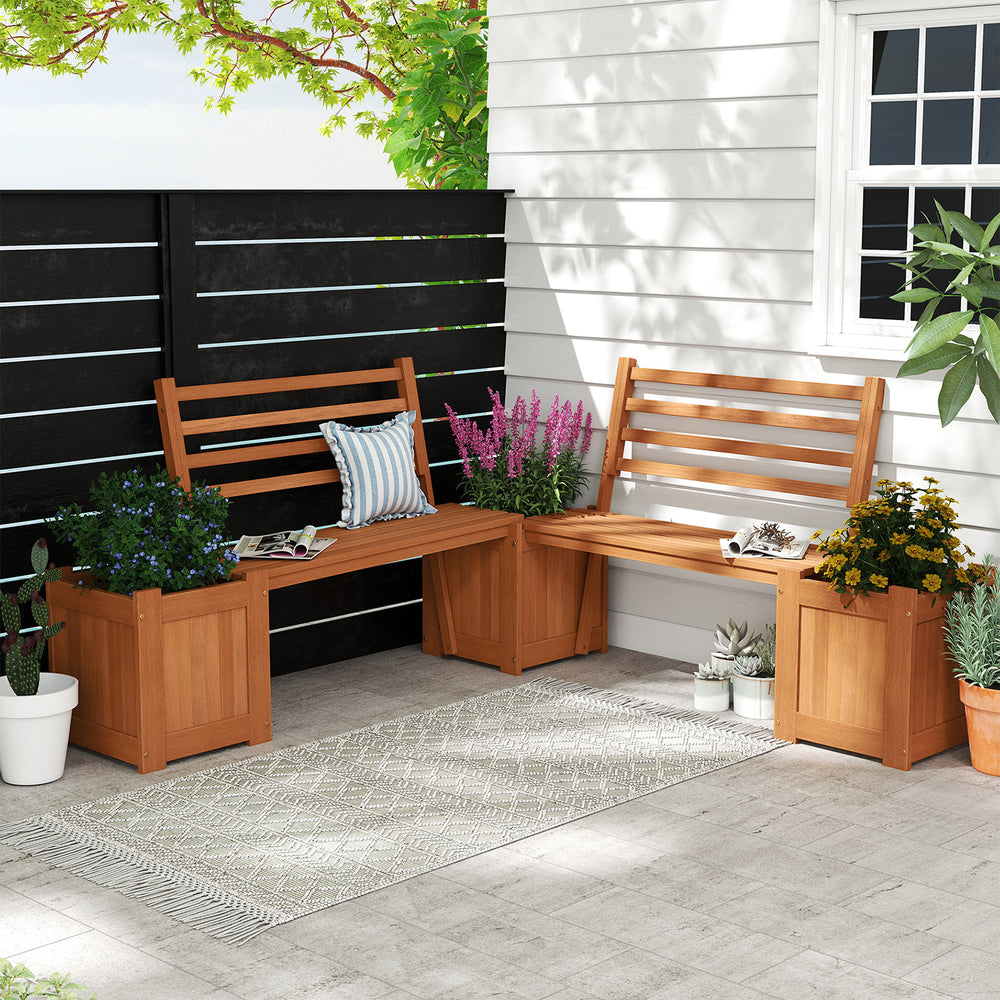 Wood planter box with bench and backrest in rustic style, perfect for garden or balcony, featuring deep planter for.