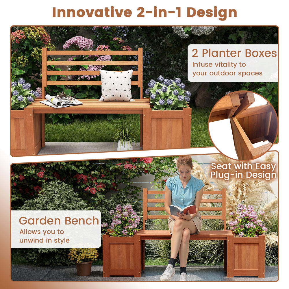 Wood planter box with bench and backrest, featuring a rustic design, perfect for garden and patio relaxation.