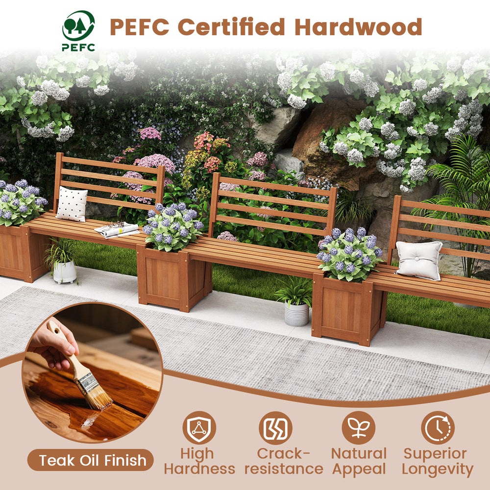 Wood planter box with bench and backrest in teak oil finish, ideal for garden, yard, or balcony use.