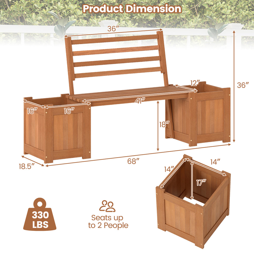 Wood planter box with bench and backrest, featuring teak oil finish, ideal for garden or balcony seating and planting.