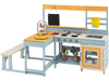 Fir wood play kitchen with picnic table and bench, featuring realistic knobs and accessories for outdoor role-play fun.