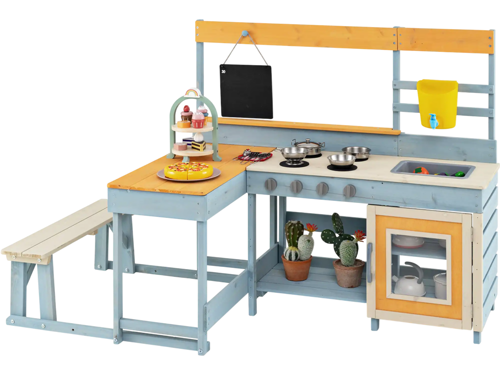 Fir wood play kitchen with picnic table and bench, featuring realistic knobs and accessories for outdoor role-play fun.