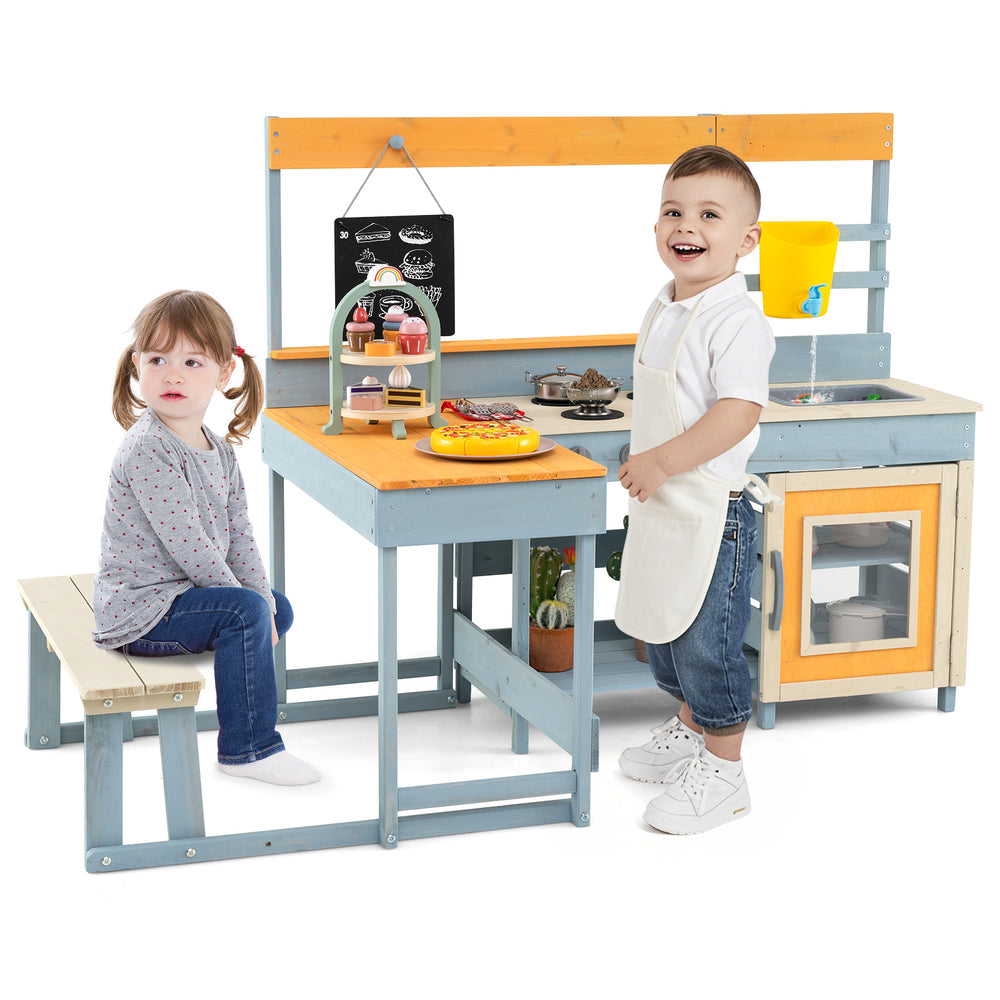 Kids play kitchen set with picnic table and bench, made of solid fir wood, perfect for imaginative outdoor play.