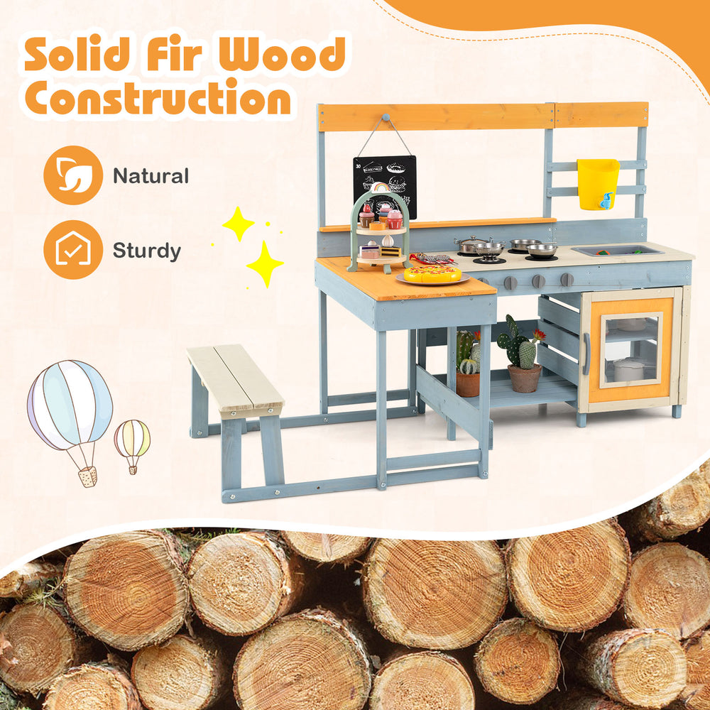 Fir wood play kitchen with picnic table and built-in bench in gray, perfect for kids' outdoor role-play and activities.