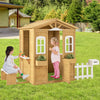 Wood playhouse with bench and serving stations, featuring windows and fence, designed for kids over 2 years old.
