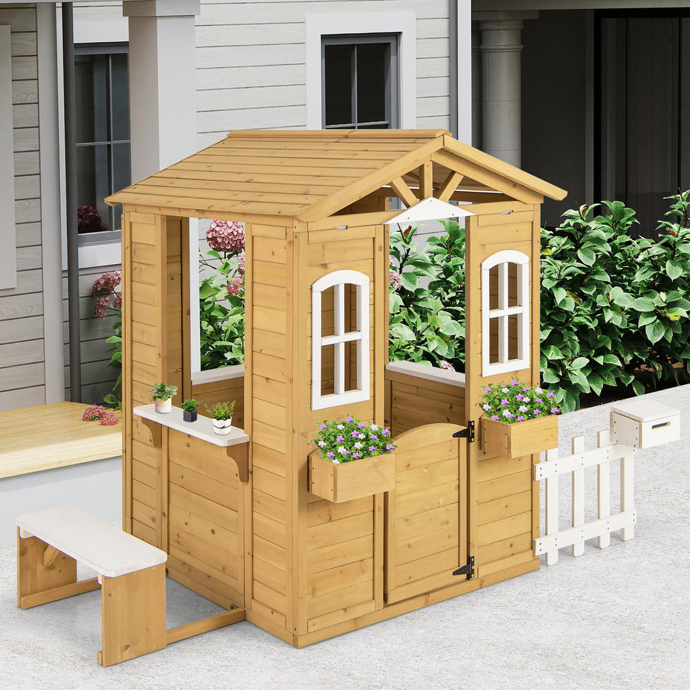 Wood playhouse with bench and serving stations, featuring windows, door, and plant holders for kids aged 2+.