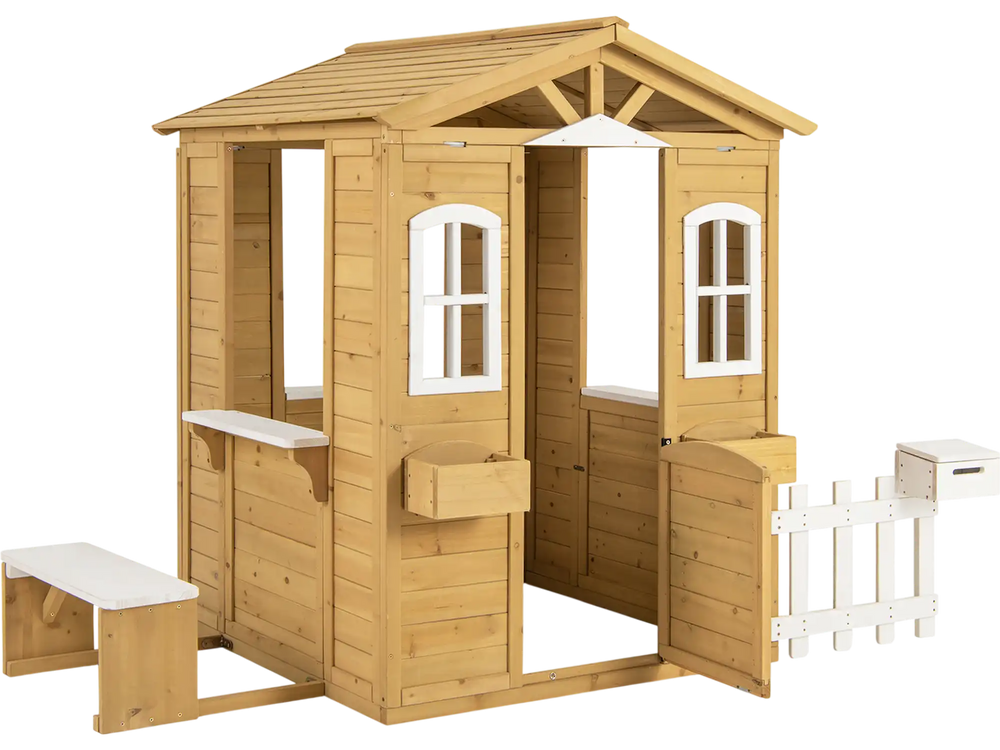 Wood Playhouse with Bench and Serving Stations for 2+ Years Old Kids