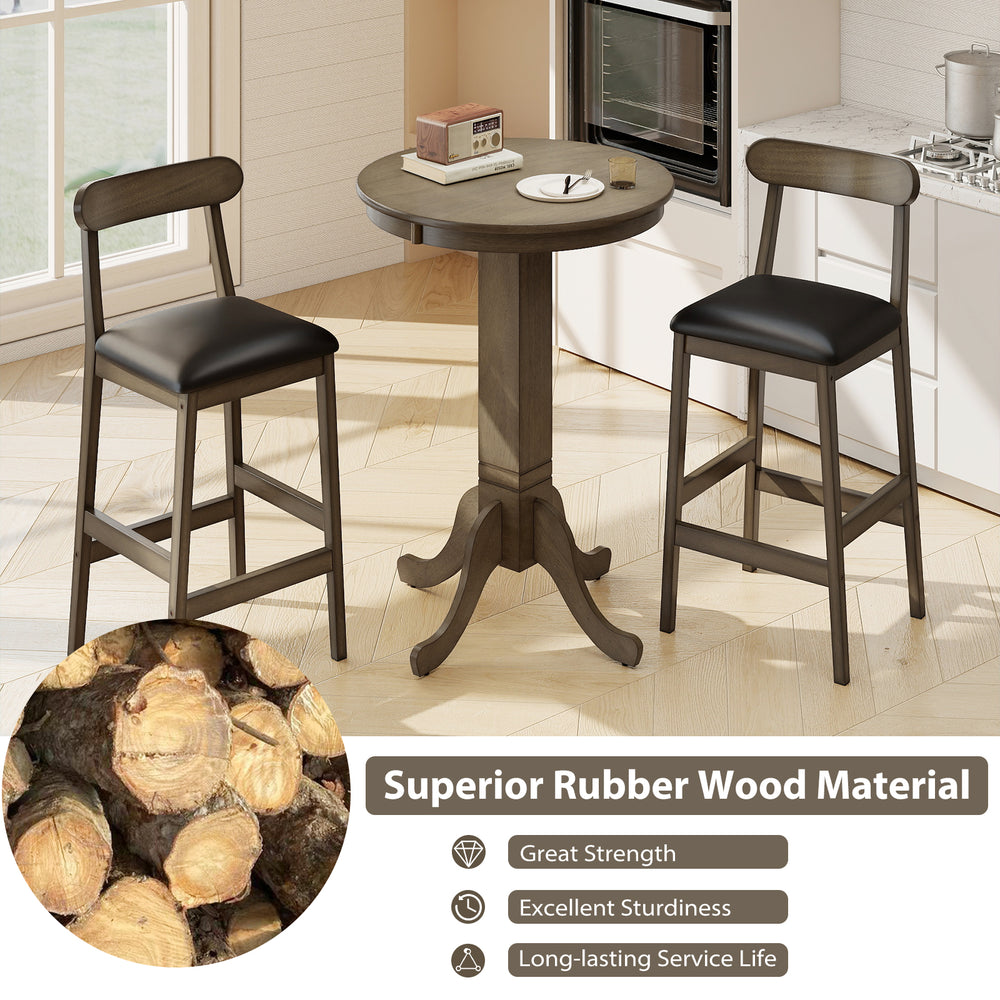 Round gray wood pub dining table with pedestal base, sturdy rubber wood, spacious for 2-4 people, ideal for rustic.