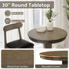 30" round dining table with a gray wood grain surface and pedestal base, perfect for 2-4 people in rustic settings.