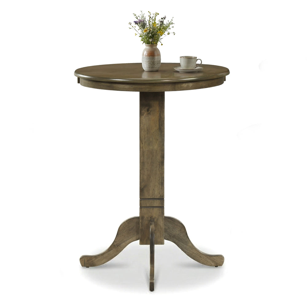 Round wood pub dining table with pedestal base in gray, spacious for 2-4 people, featuring a rustic style and sturdy.