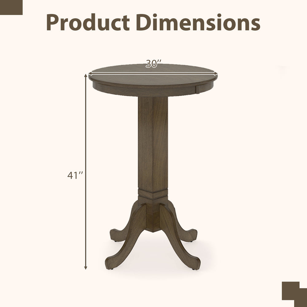 Round dining table with pedestal base, gray finish, 30" diameter, ideal for 2-4 people, showcasing rustic style.