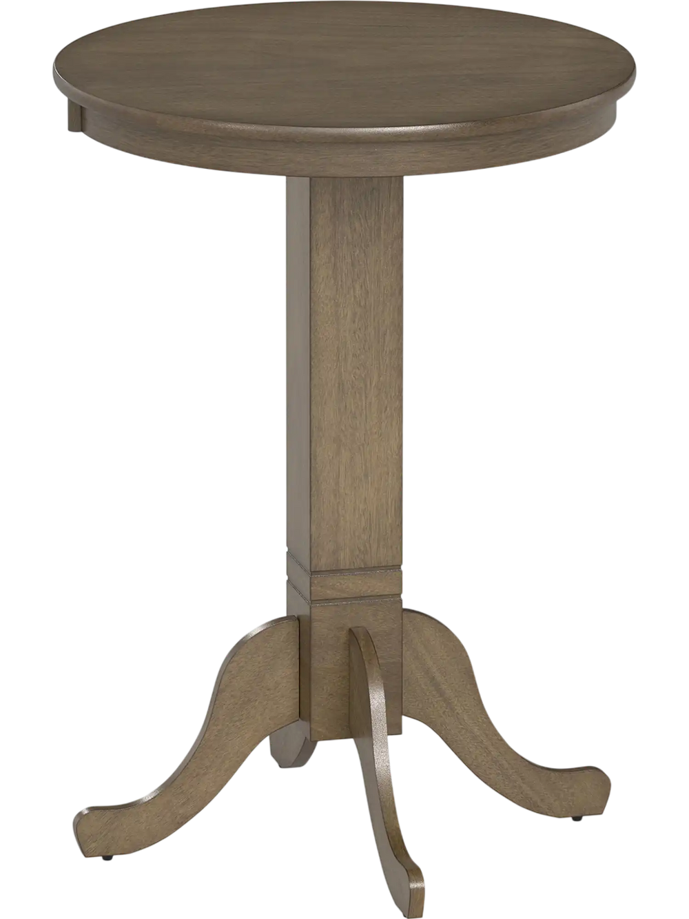 Round dining table with a gray wood finish, pedestal base, and sturdy rubber wood frame, perfect for 2-4 people.