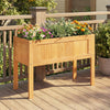 Wood raised garden bed planter box with vibrant flowers, featuring drainage holes, perfect for vegetables and herbs.