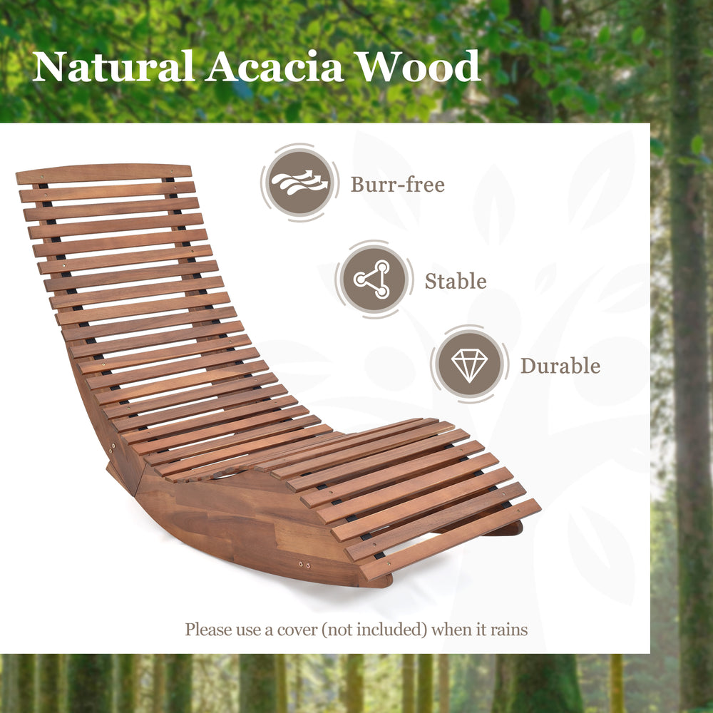 Outdoor acacia wood rocking chair with widened slatted seat and high back for backyard relaxation and stability.