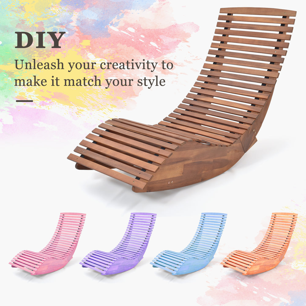 Outdoor acacia wood rocking chair with widened slatted seat, ideal for backyard relaxation and customizable with DIY.