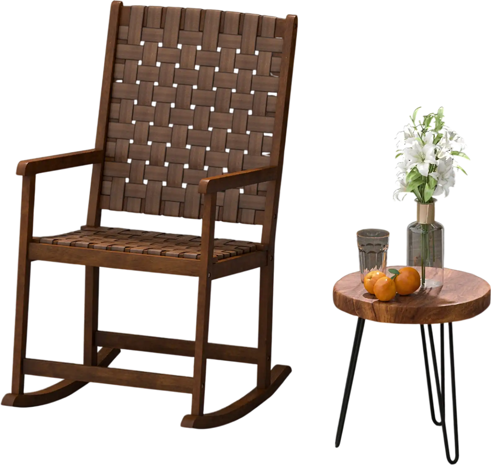 Costway Patio Wood Rocking Chair PU Seat Rubber Wood Frame Brown 79534128 New