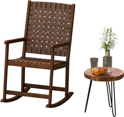 Costway Patio Wood Rocking Chair PU Seat Rubber Wood Frame Brown 79534128 New