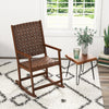 Brown patio wood rocking chair with PU seat, featuring a sturdy frame, perfect for indoor and outdoor relaxation.
