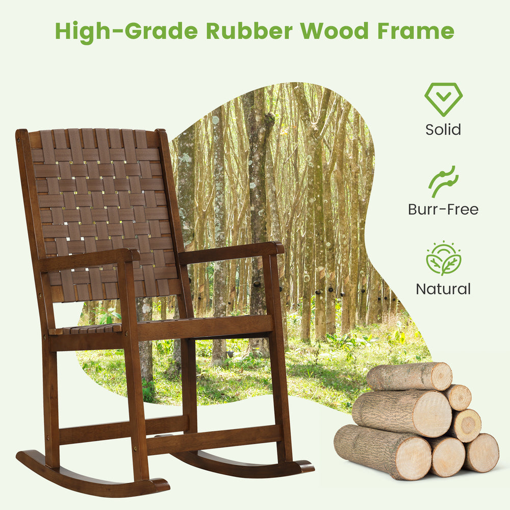 Patio wood rocking chair with PU seat and premium rubber wood frame, ideal for indoor and outdoor relaxation.
