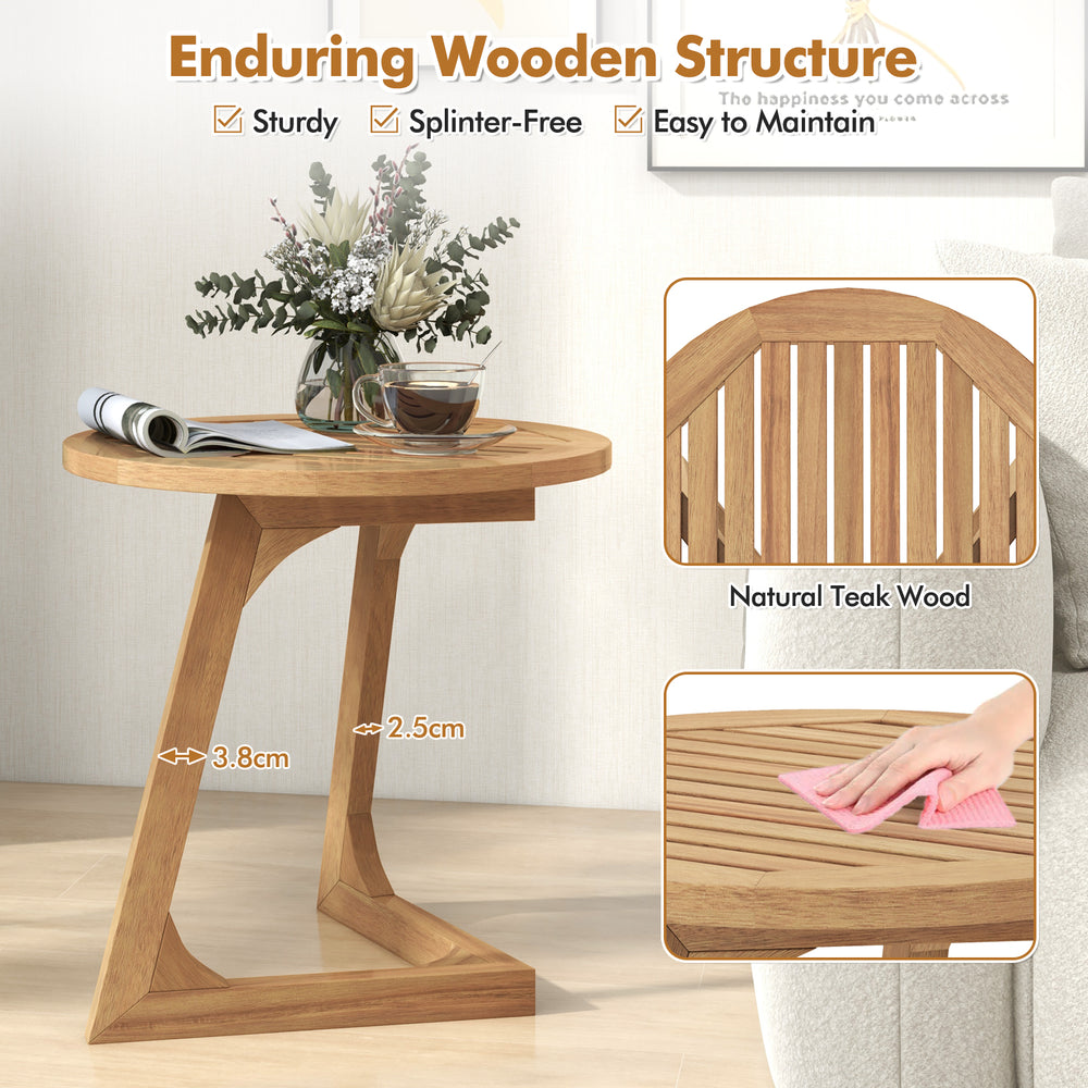 Round teak wood side table with slatted tabletop and triangle base, perfect for indoor and outdoor use.