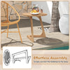 Teak wood side table with a slatted tabletop, showcasing effortless assembly and a sturdy triangle base for stability.
