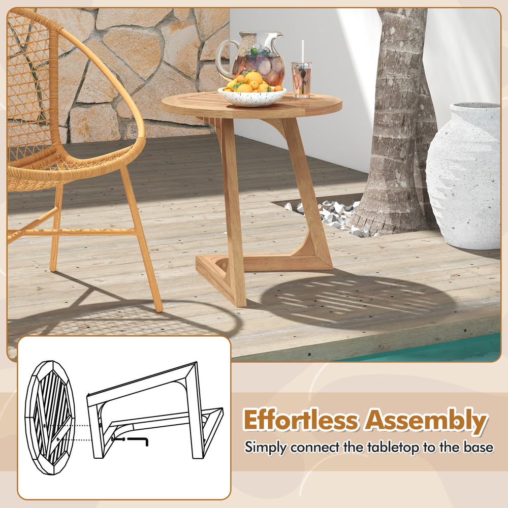 Teak wood side table with a slatted tabletop, showcasing effortless assembly and a sturdy triangle base for stability.
