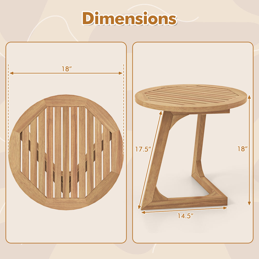 Round teak wood side table with slatted tabletop and triangle base, ideal for indoor and outdoor use. Dimensions shown.