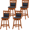 Set of 4 wood swivel bar stools with faux leather upholstered seats and ergonomic backrests for comfortable seating.