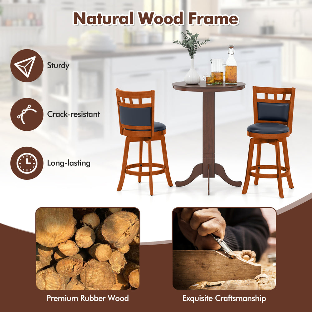 Wood swivel bar stools set of 4 with faux leather upholstery, ergonomic backrest, and sturdy rubber wood frame for comfort.