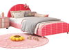 Wood upholstered twin bed platform in pink with padded headboard and slat support, perfect for kids transitioning from.