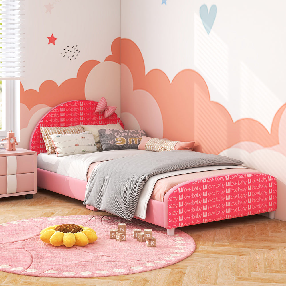  Wood Upholstered Twin Bed Platform with Slat Support-Pink - Gallery View 1 of 10