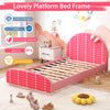 Wood upholstered twin bed platform in pink with slat support, ideal for kids transitioning from crib to bed.