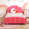 Wood upholstered twin bed platform in pink with cute patterns, designed for kids' safety and comfort, featuring slat.