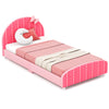Wood upholstered twin bed platform in pink with padded headboard, designed for kids' safety and comfort.