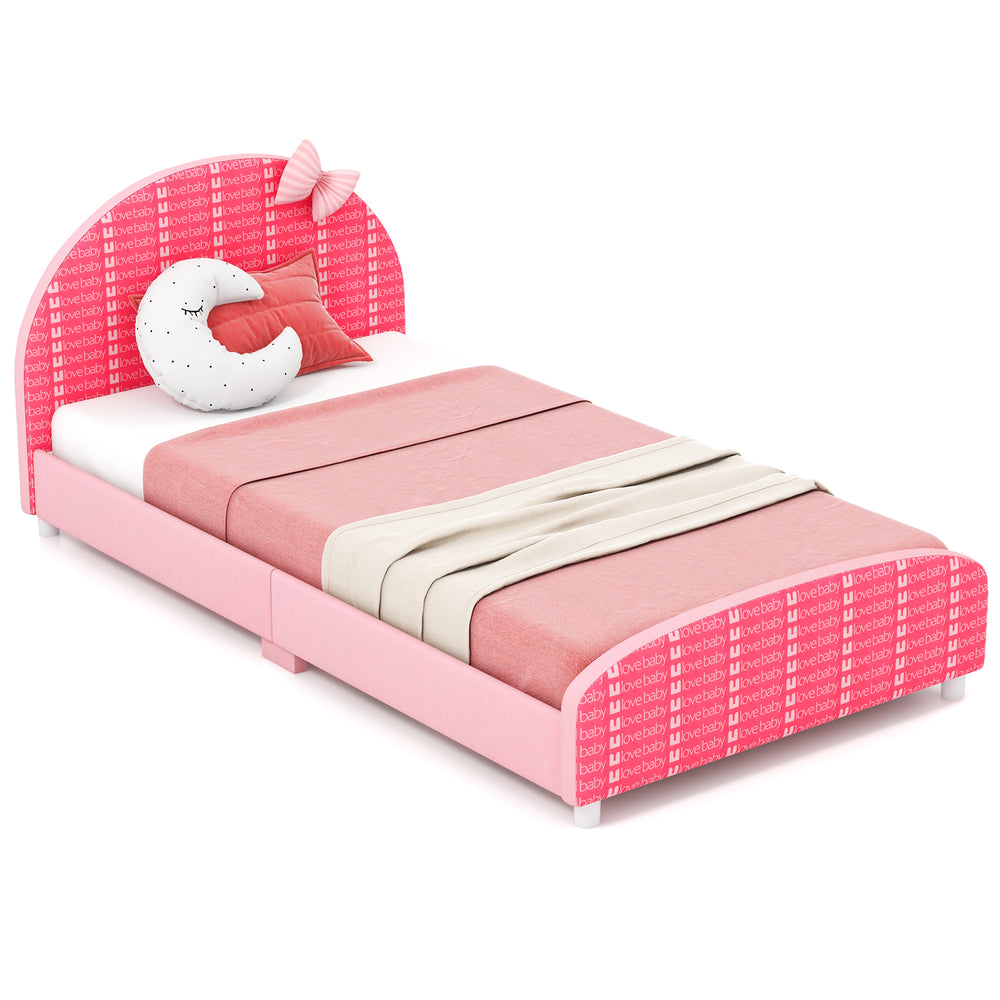 Wood upholstered twin bed platform in pink with padded headboard, designed for kids' safety and comfort.