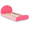 Wood upholstered twin bed platform in pink with slat support, designed for kids' safety and comfort during transition.