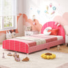 Wood upholstered twin bed platform in pink with a padded headboard, designed for kids' safety and comfort in a playful.